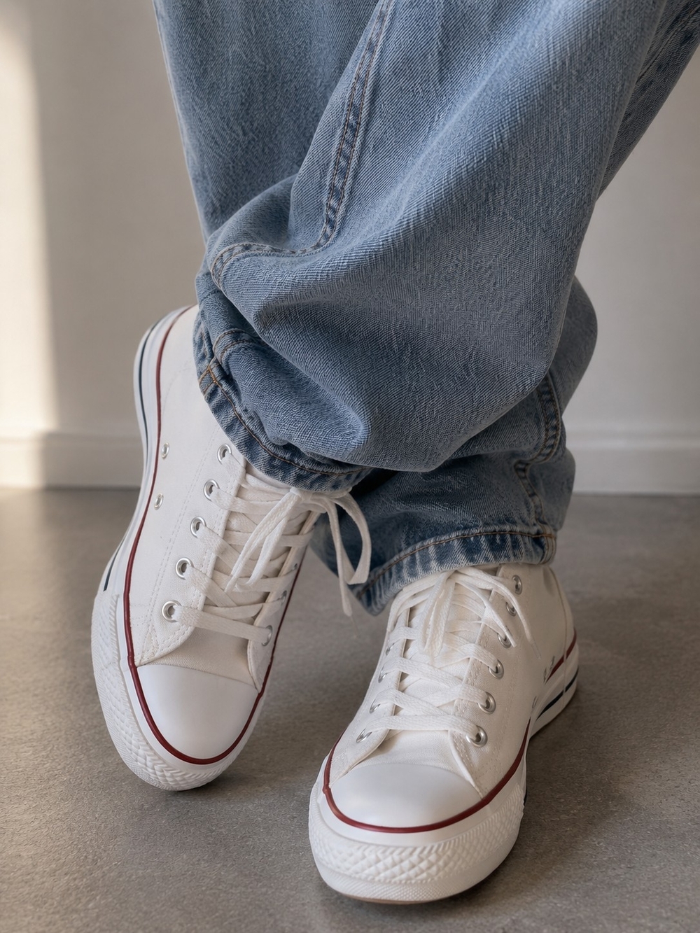 Converse White Hi-Top Canvas Sneakers with Red Sole Stripe